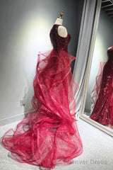 Wine Red Tulle And Sequins Halter Long Party Dress, Wine Red New Style Prom Dress