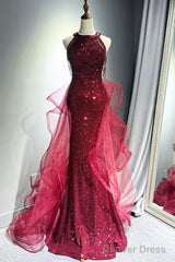 Wine Red Tulle And Sequins Halter Long Party Dress, Wine Red New Style Prom Dress
