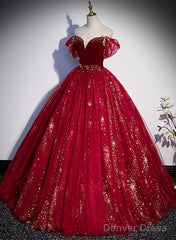 Wine Red Tulle Ball Gown Beaded Sweetheart Party Dress, Wine Red Prom Dress