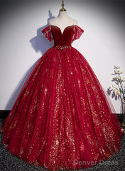 Wine Red Tulle Ball Gown Beaded Sweetheart Party Dress, Wine Red Prom Dress