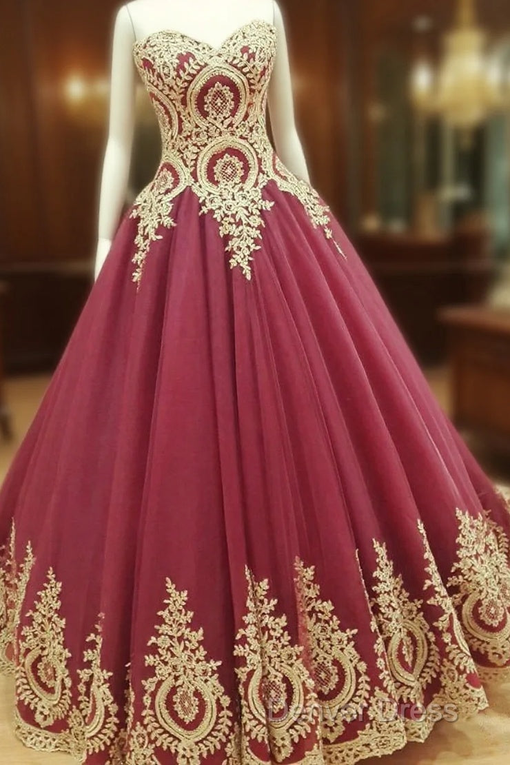 Wine Red Tulle Ball Gowns Wedding Dresses Gold Lace Appliques