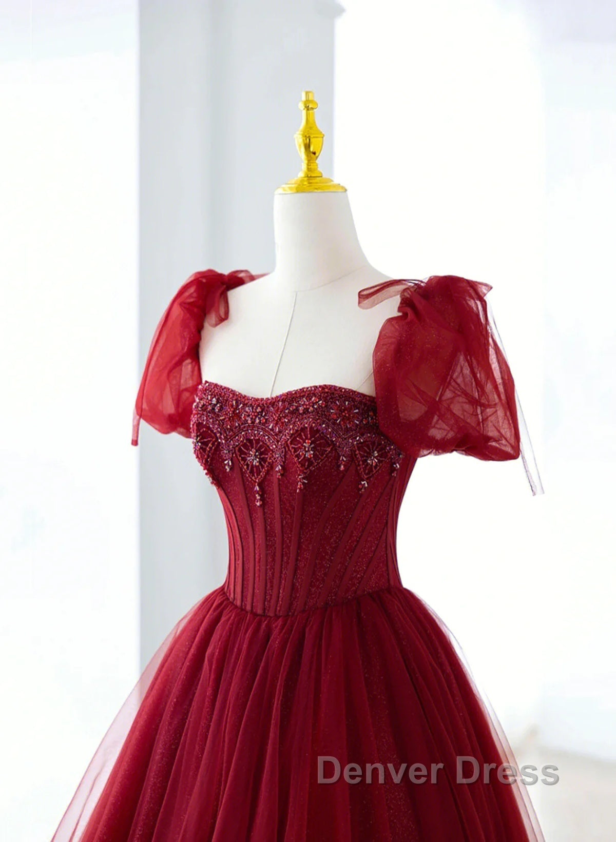 Wine Red Tulle Beaded Long Prom Dresses, A-Line Sweetheart Formal Evening Dresses Secondary image
