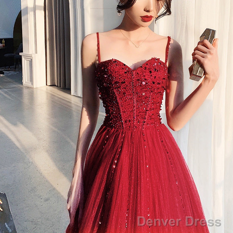 Wine Red Tulle Beaded Straps Beaded Prom Dress, Dark Red Prom Dress Secondary image