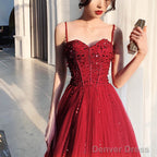 Wine Red Tulle Beaded Straps Beaded Prom Dress, Dark Red Prom Dress