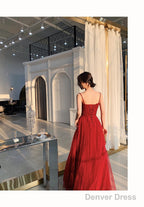 Wine Red Tulle Beaded Straps Beaded Prom Dress, Dark Red Prom Dress