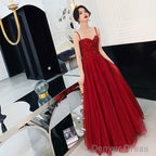 Wine Red Tulle Beaded Straps Beaded Prom Dress, Dark Red Prom Dress