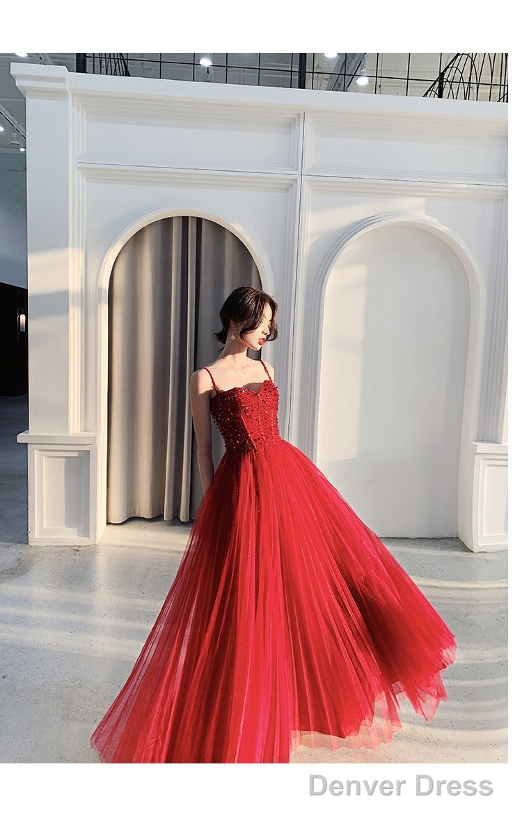 Wine Red Tulle Beaded Straps Beaded Prom Dress, Dark Red Prom Dress