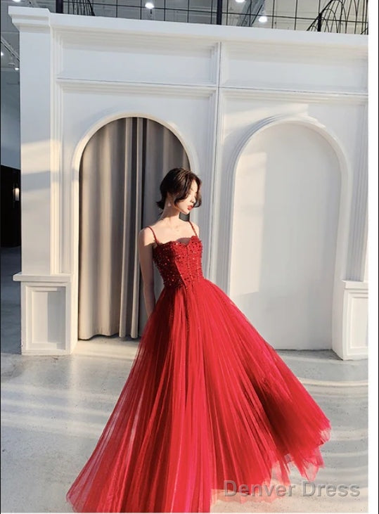 Wine Red Tulle Beaded Straps Beaded Formal Dress Evening Dress Party Dress A Line Prom Dress