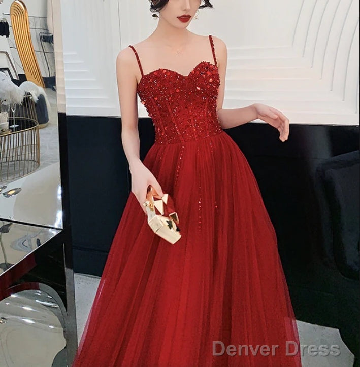 Wine Red Tulle Beaded Straps Beaded Formal Dress Evening Dress Party Dress A Line Prom Dress