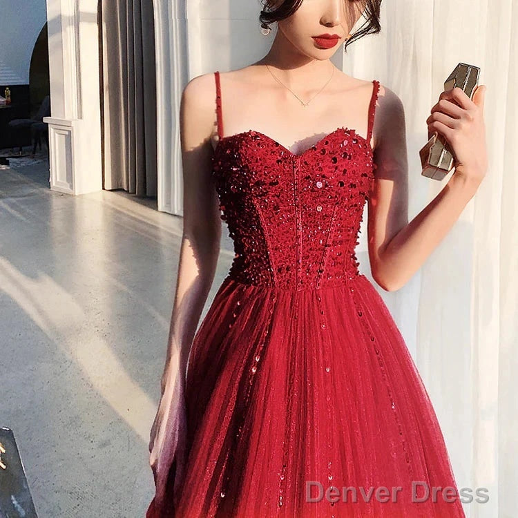 Wine Red Tulle Beaded Straps Beaded Formal Dress Evening Dress Party Dress A Line Prom Dress