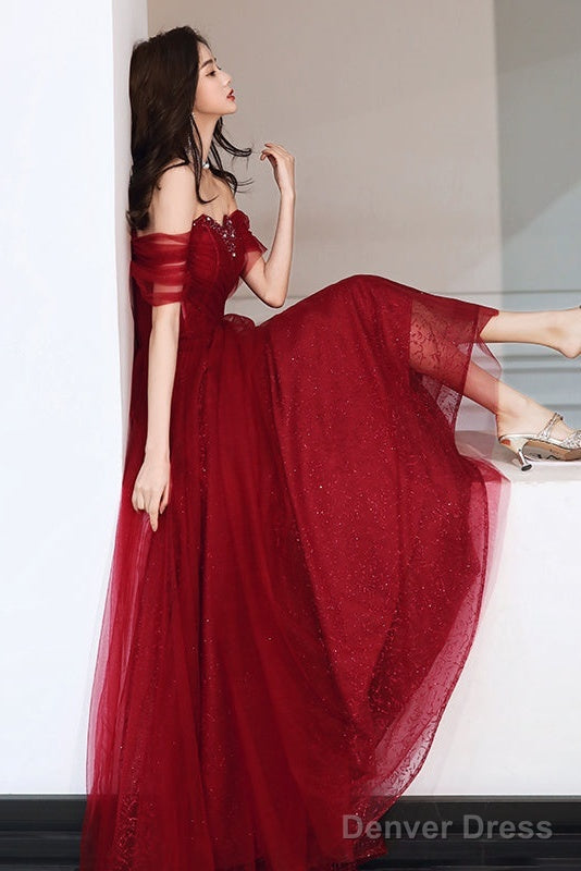 Wine Red Tulle Beaded Sweeetheart Long Evening Gown, Dark Red Prom Dress