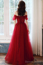Wine Red Tulle Beaded Sweeetheart Long Evening Gown, Dark Red Prom Dress