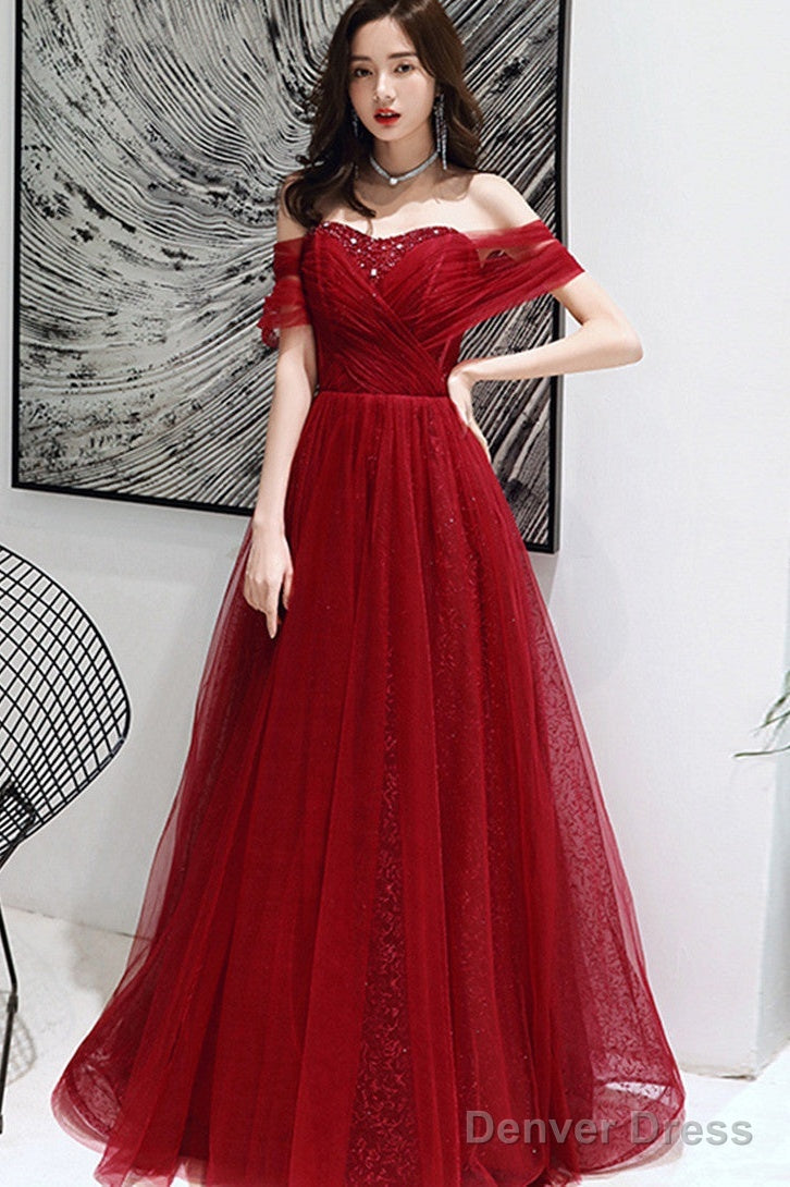 Wine Red Tulle Beaded Sweeetheart Long Evening Gown, Dark Red Prom Dress Main image