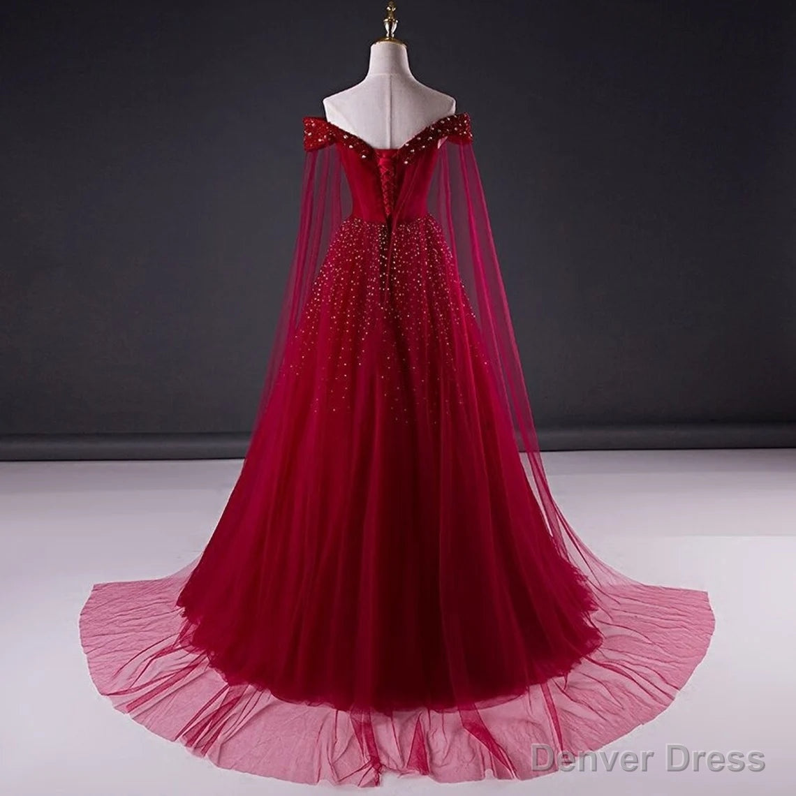 Wine Red Tulle Beaded Tulle Sparkle Long Prom Dresses, Dark Red Sweet 16 Gowns