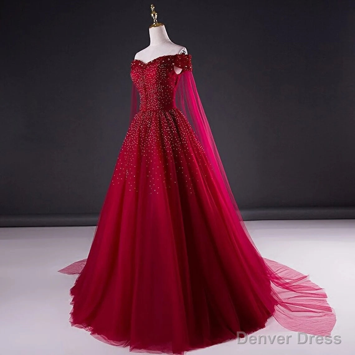 Wine Red Tulle Beaded Tulle Sparkle Long Prom Dress, Dark Red Sweet 16 Gown Main image