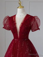 Wine Red Tulle Cap Sleeves Bridesmaid Dress, Wine Red Long Prom Dresses