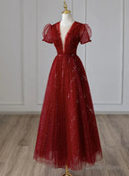 Wine Red Tulle Cap Sleeves Bridesmaid Dress, Wine Red Long Prom Dresses