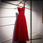 Wine Red Tulle Long Straps Prom Dress, A Line Dark Red Prom Gowns
