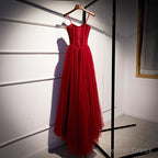 Wine Red Tulle Long Straps Prom Dress, A Line Dark Red Prom Gowns
