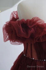 Wine Red Tulle Sequins Long Off Shoulder Party Dress, Wine Red Tulle Prom Dress