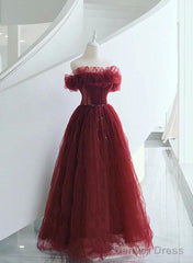 Wine Red Tulle Sequins Long Off Shoulder Party Dress, Wine Red Tulle Prom Dress