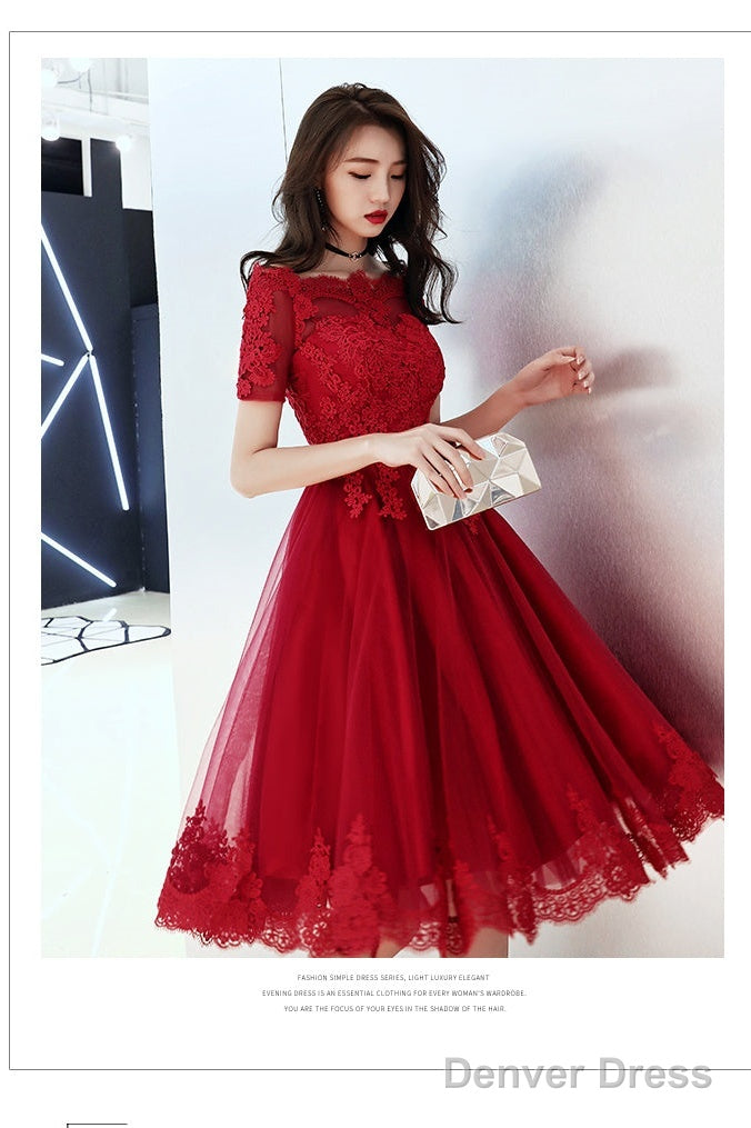 Wine Red Tulle Short Homecoming Dress With Lace Applique, Cute Prom Dress Party Dress