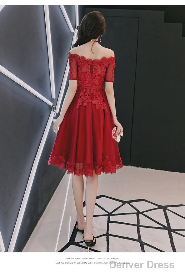 Wine Red Tulle Short Homecoming Dress With Lace Applique, Cute Prom Dress