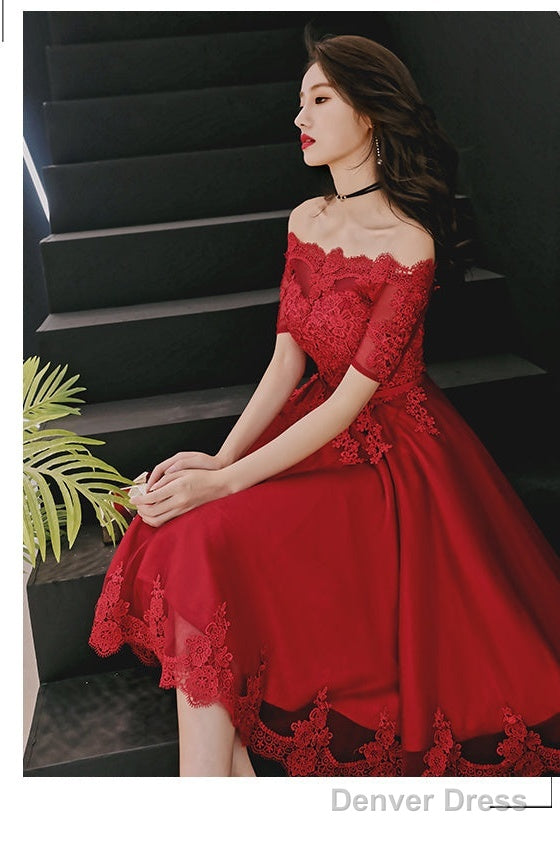Wine Red Tulle Short Homecoming Dress With Lace Applique, Cute Prom Dress