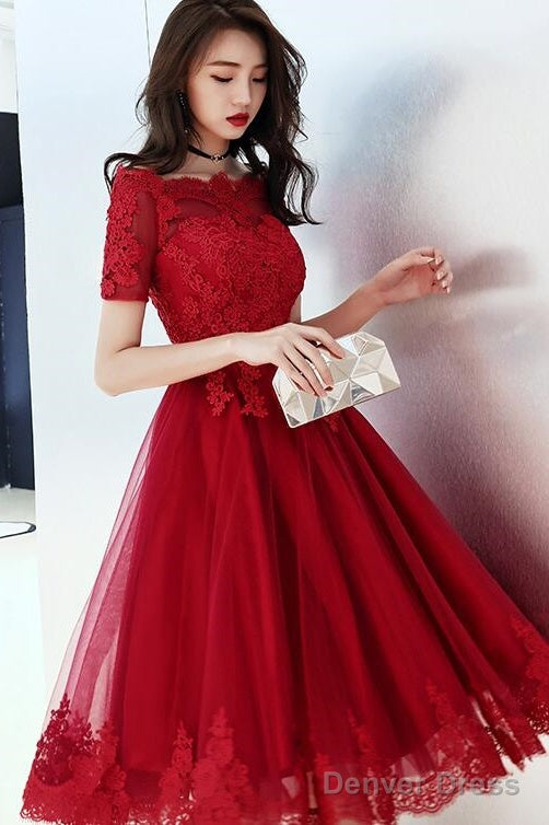 Wine Red Tulle Short Homecoming Dress With Lace Applique, Cute Prom Dress Party Dress Main image
