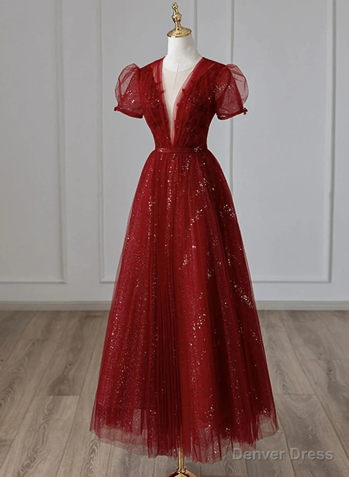 Wine Red Tulle Short Sleeves Long Party Dress Wine Red Evening Gown prom dresses shops Main image