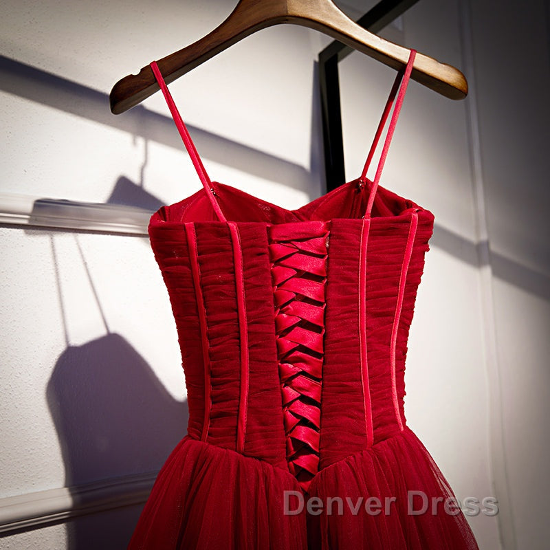 Wine Red Tulle Straps Long Sweetheart Prom Dress Prom Dress, A Line Dark Red Prom Dresses