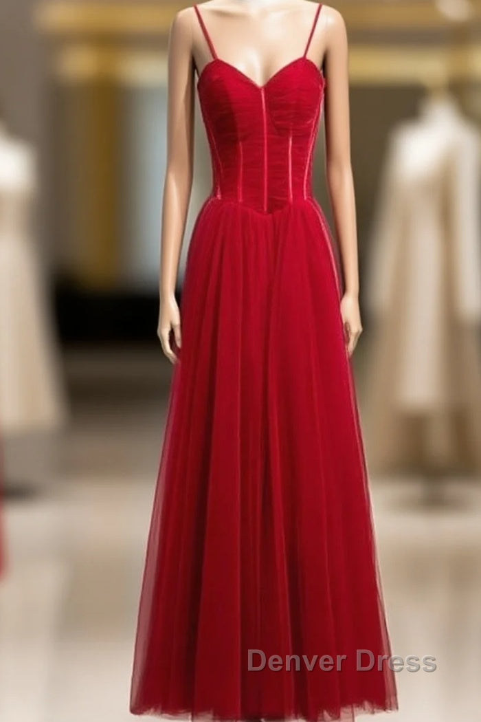 Wine Red Tulle Straps Long Sweetheart Prom Dress Prom Dress, A Line Dark Red Prom Dresses Main image