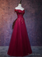 Wine Red Tulle Sweetheart Long Prom Dress, A Line Prom Dresses