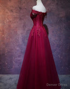 Wine Red Tulle Sweetheart Long Prom Dress, A Line Prom Dresses