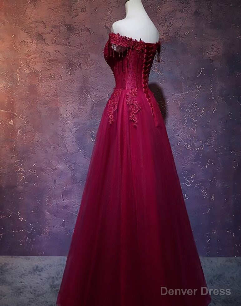 Wine Red Tulle Sweetheart Long Prom Dress, A Line Prom Dresses