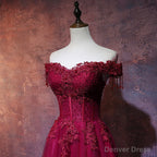 Wine Red Tulle Sweetheart Long Prom Dress, A Line Prom Dresses