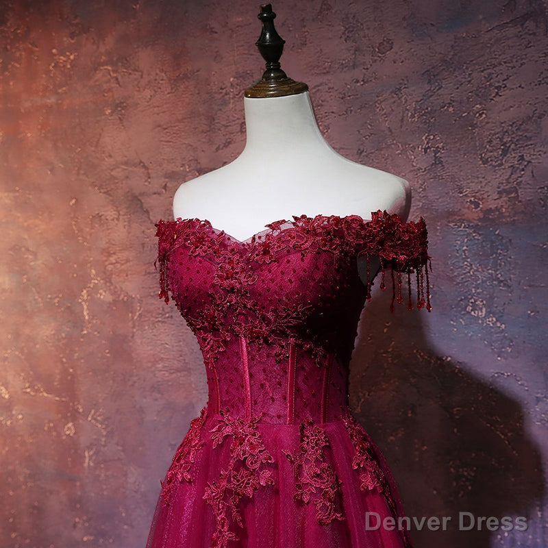 Wine Red Tulle Sweetheart Long Prom Dress, A Line Prom Dresses