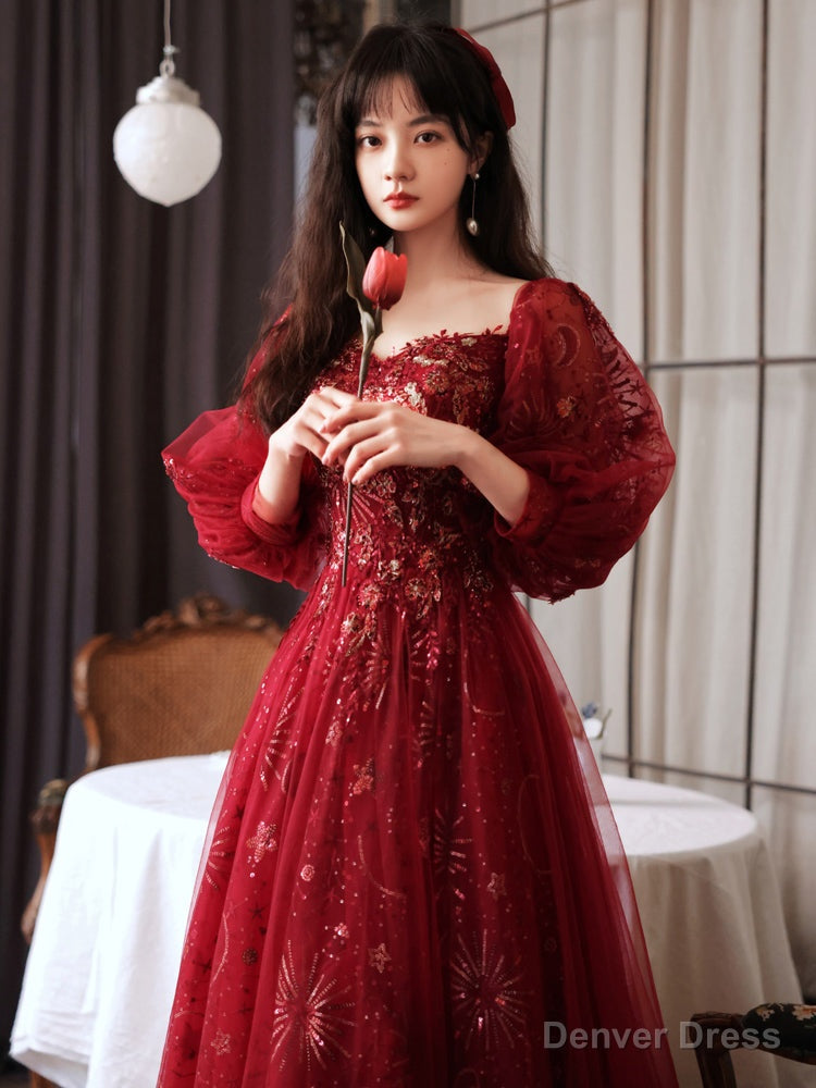 Wine Red Tulle Sweetheart Off Shoulder Party Dress, Wine Red Tulle Evening Dress Secondary image