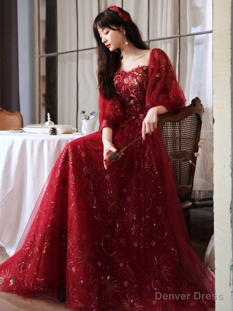 Wine Red Tulle Sweetheart Off Shoulder Prom Dress, Wine Red Tulle Prom Dresses