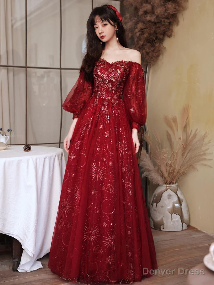 Wine Red Tulle Sweetheart Off Shoulder Prom Dress, Wine Red Tulle Prom Dresses