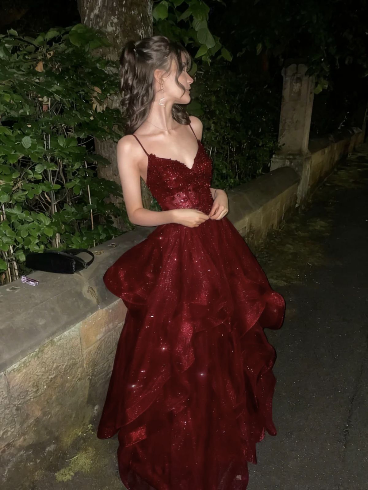 Wine Red Tulle V-Neckline With Lace Applique Prom Dress, WIne Red Long Prom Dresses Secondary image