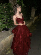 Wine Red Tulle V-Neckline With Lace Applique Prom Dress, WIne Red Long Prom Dresses
