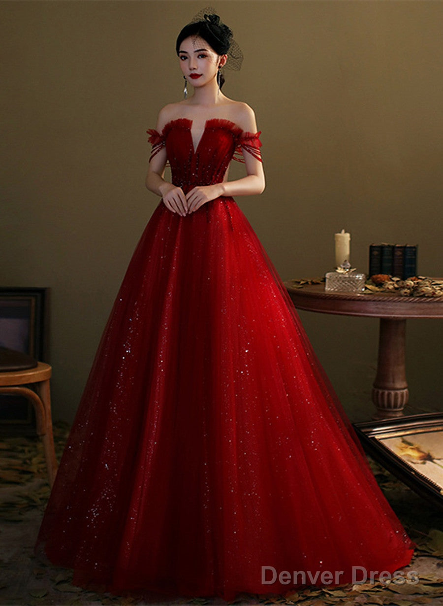 Wine Red Tulle With Beaded Floor Length Party Dress, Wine Red Prom Dress Secondary image