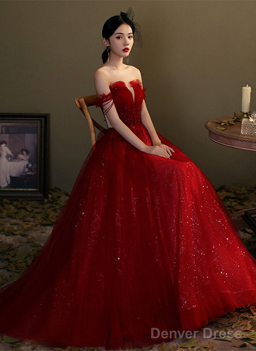 Wine Red Tulle With Beaded Floor Length Party Dress, Wine Red Prom Dress