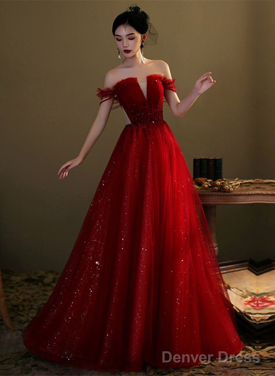 Wine Red Tulle With Beaded Floor Length Party Dress, Wine Red Prom Dress Main image