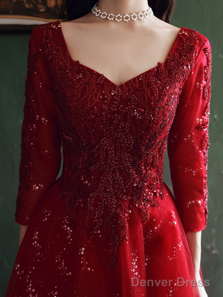 Wine Red Tulle With Lace A-Line Beaded Long Party Dress, Wine Red Evening Dress Secondary image