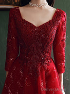 Wine Red Tulle With Lace A-Line Beaded Long Party Dress, Wine Red Evening Dress