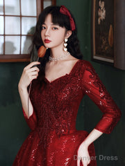 Wine Red Tulle With Lace A-Line Beaded Long Party Dress, Wine Red Evening Dress