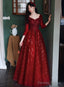 Wine Red Tulle With Lace A-Line Beaded Long Prom Dress, Wine Red Prom Dresses