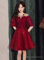 Wine Red Tulle With Lace High Neckline Homecoming Dress, Wine Red Short Prom Dress